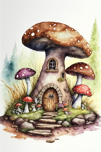 Watercolor painting of a mushroom house generative ai