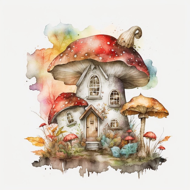 A watercolor painting of a mushroom house with a red roof and a mushroom house on the top.