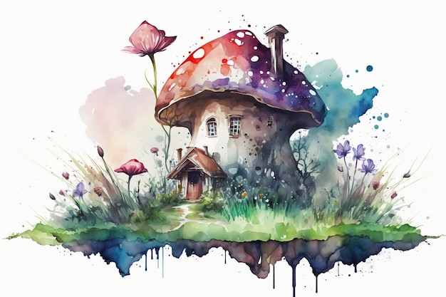 A watercolor painting of a mushroom house