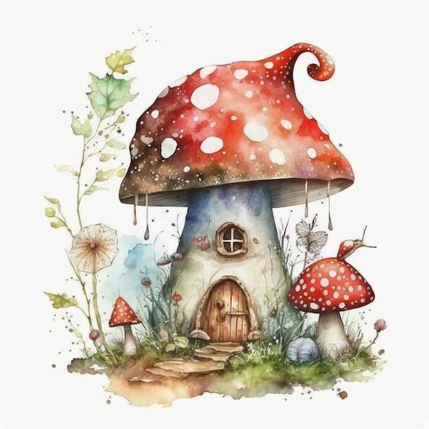 A watercolor painting of a mushroom house.