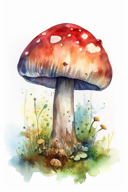 A watercolor painting of a mushroom with a red cap and a white spot on the bottom.