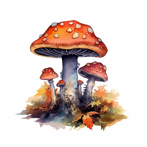 A watercolor painting of a mushroom with a red cap and a yellow cap.