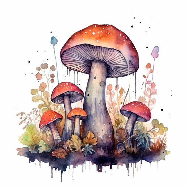 A watercolor painting of a mushroom with a red cap and a yellow cap.