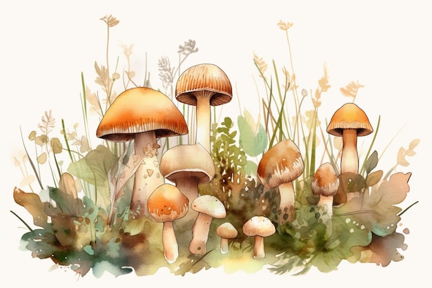 A watercolor painting of mushrooms in a garden