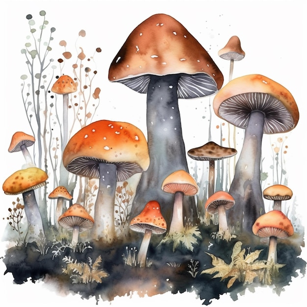 A watercolor painting of mushrooms with a blue background.