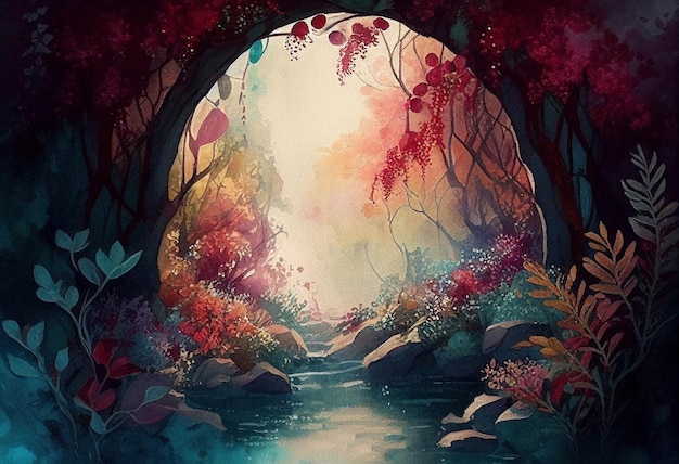 神秘的な魅惑のおとぎ話の森の小川の水彩画