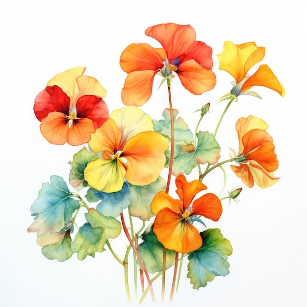 Watercolor painting of nasturtium with white background