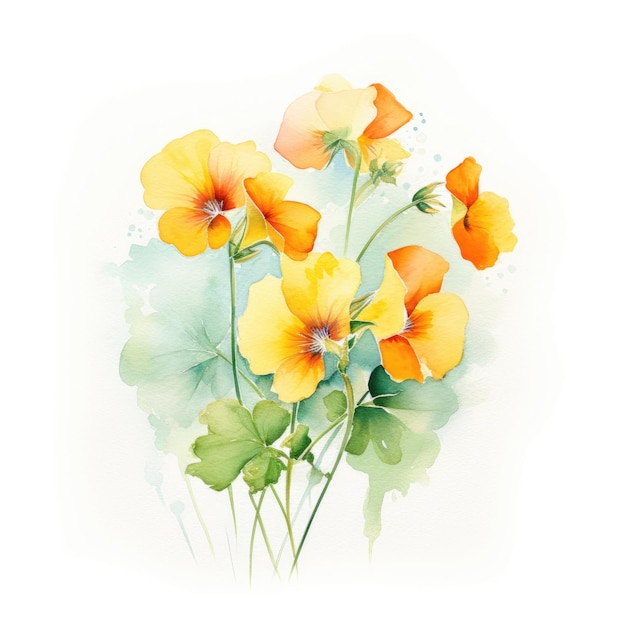 Watercolor painting of nasturtium with white background