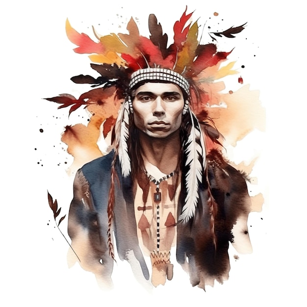 A watercolor painting of a native american man generative ai image