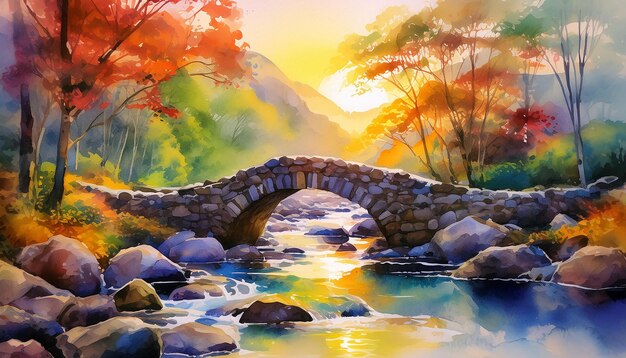 Watercolor painting of natural scenery with sunrise over stone bridge creek Beautiful landscape