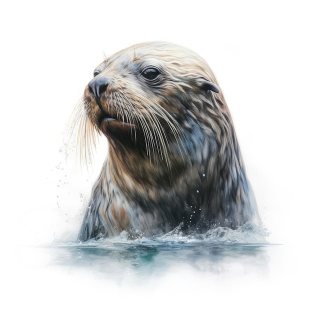 Watercolor painting of northern fur seal with white background