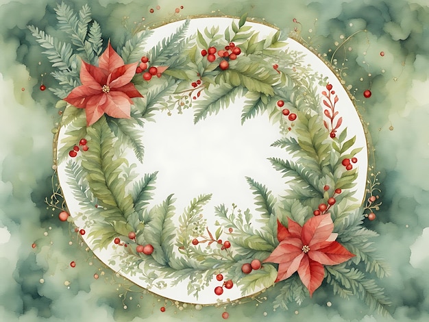 写真 クリスマス リースの水彩画 シダの花輪 精巧な花飾り 装飾的