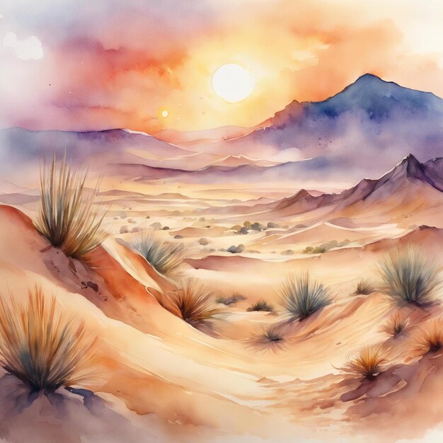 사진 모래 언덕, 산, 불타는 빛으로 사막 풍경의 수채화 그림