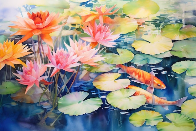 Фото Акварельная картина пруда кой с яркими лилиями