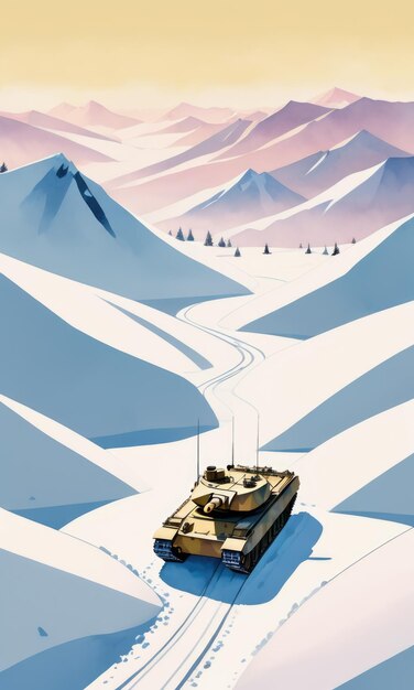 写真 雪 に 覆わ れ た 地形 の 中 で タンク を 空から 見る 水彩画