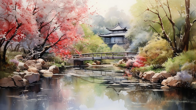 사진 연못 다리와 전통 사원 을 가진 일본 정원 의 수채화 그림