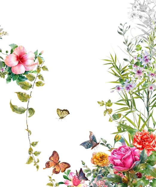 Фото Акварельная живопись из листьев и цветов, бабочка на белом фоне