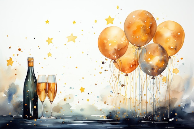 Фото Акварельная картина двух бокалов шампанского и воздушных шаров на акварельном фоне