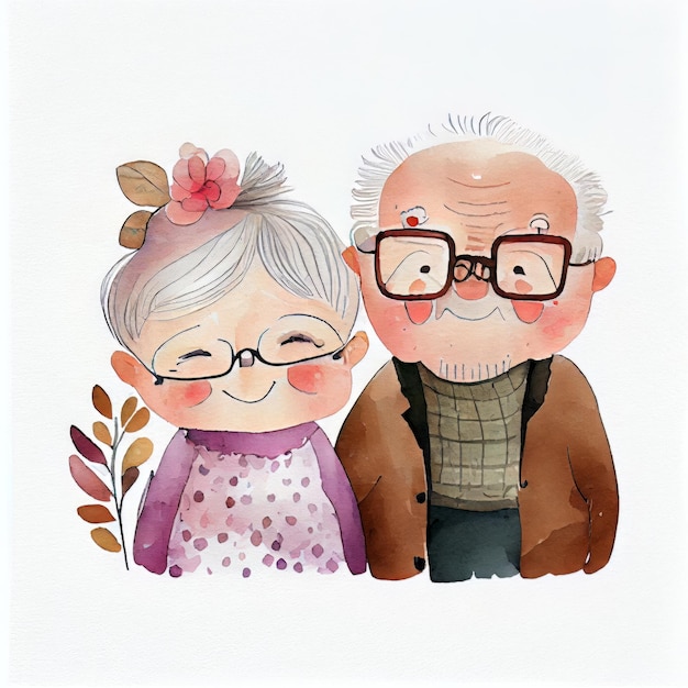 A watercolor painting of an old couple.