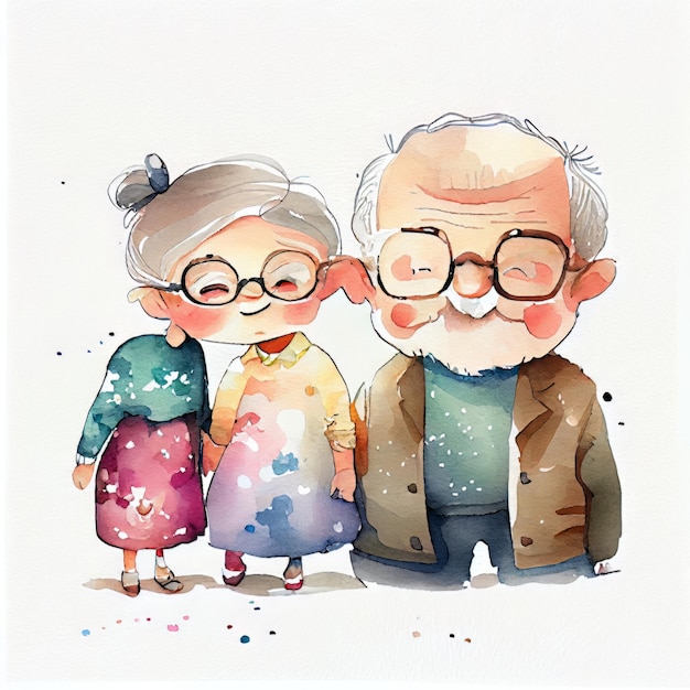 A watercolor painting of an old couple