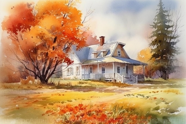 Watercolor painting of an old house in a rural setting with autumn leaves