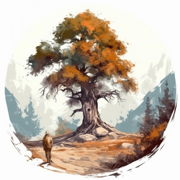 Watercolor painting of old man and big tree