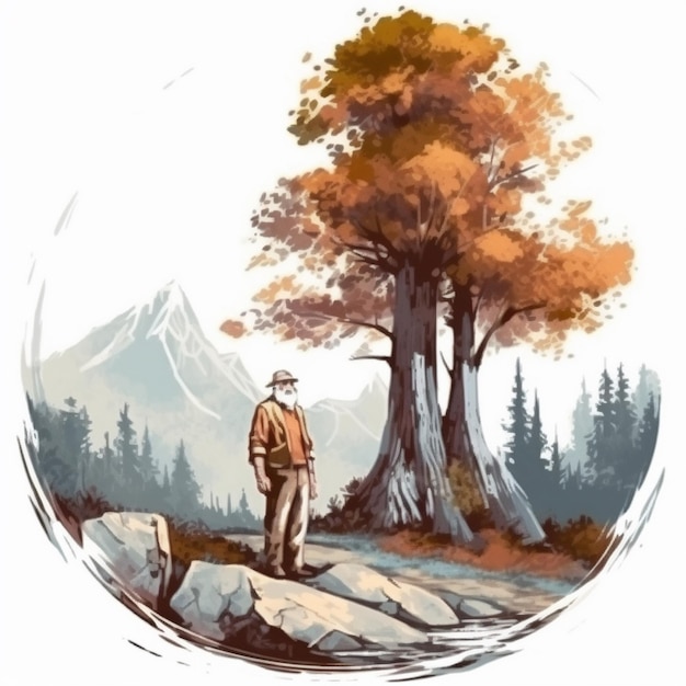 Watercolor painting of old man and big tree