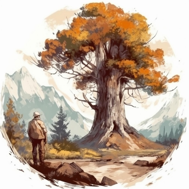 Watercolor painting of old man and big tree