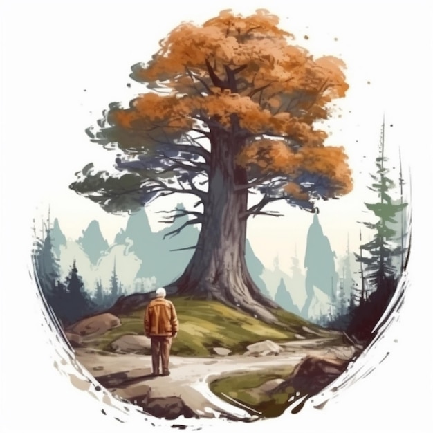 老人と大きな木の水彩画