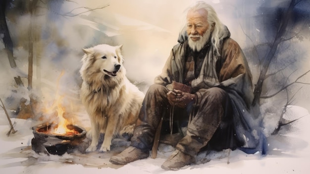 Watercolor Painting Of Old Man And Dog In Frostpunk Style