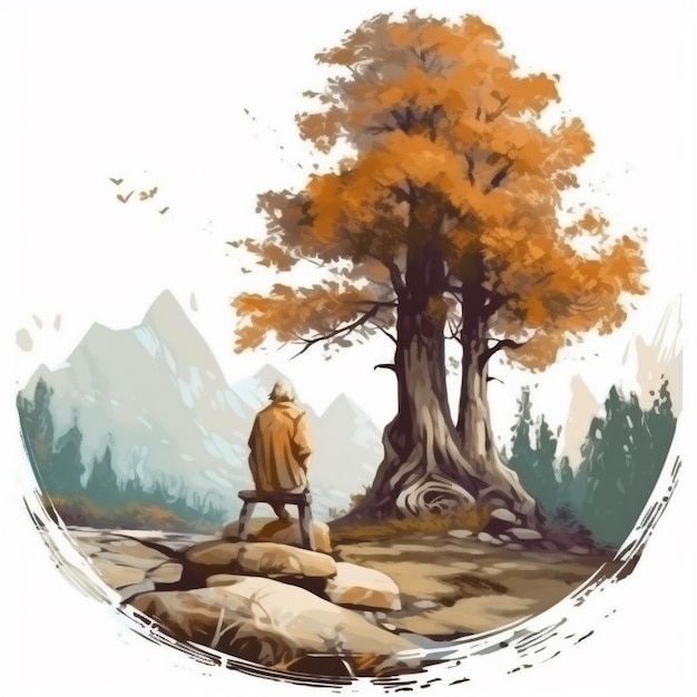 Watercolor painting of old man and old tree