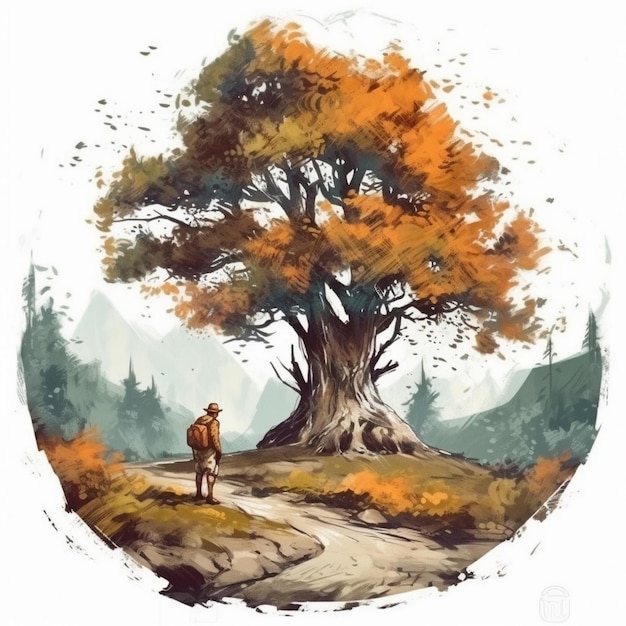 Watercolor painting of old man and old tree