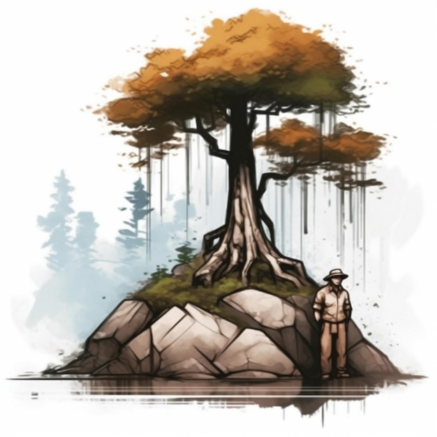 Watercolor painting of old man and old tree