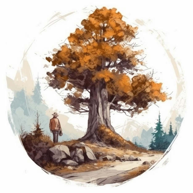 老人と木の水彩画