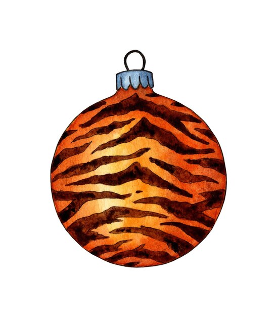 Watercolor painting orange Christmas ball in a tiger stripe Decoration for the Year of the Tiger