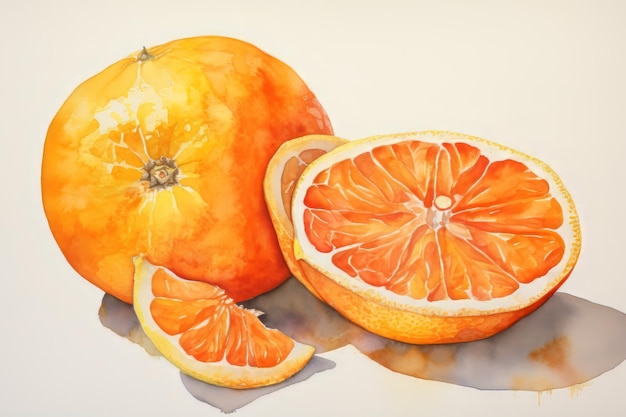 Watercolor painting of an orange and a cut up orange