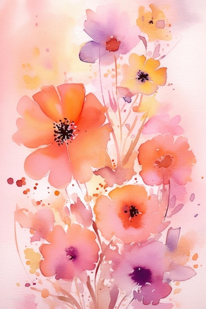 Watercolor painting of an orange flower with purple and orange flowers.