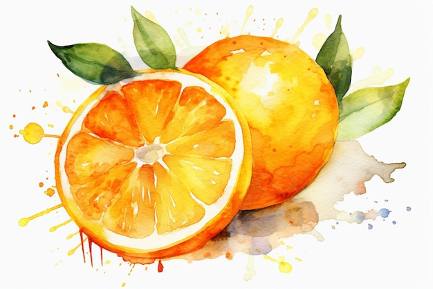 A watercolor painting of an orange and a half of orange.