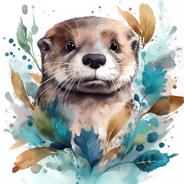 A watercolor painting of an otter with flowers and leaves