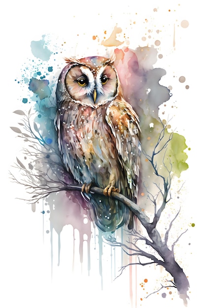 A watercolor painting of an owl on a branch.