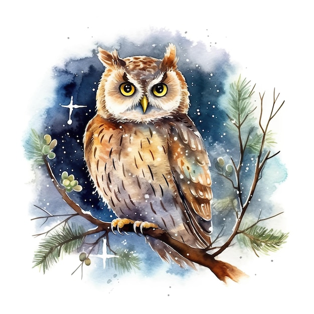 A watercolor painting of an owl sitting on a branch Generative AI image