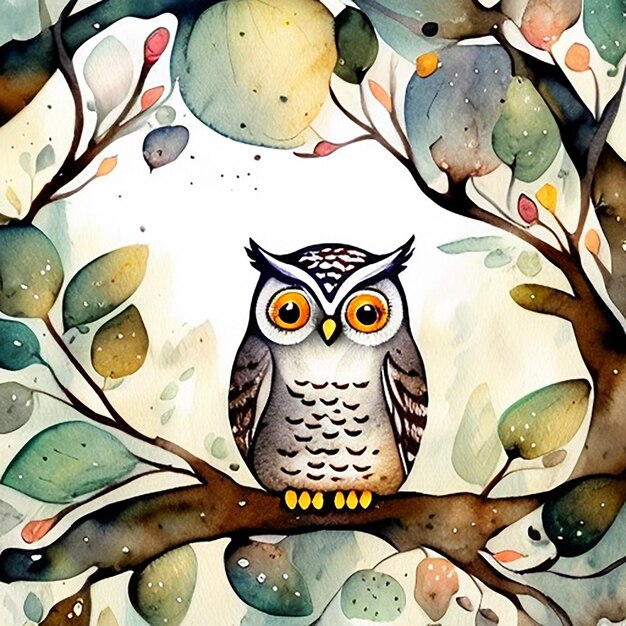 A watercolor painting of a owl sitting on a branch.