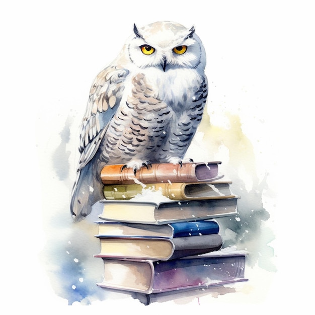 A watercolor painting of a owl sitting on a stack of books.