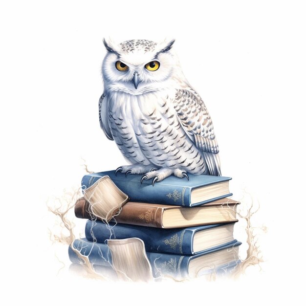 A watercolor painting of a owl sitting on a stack of books.