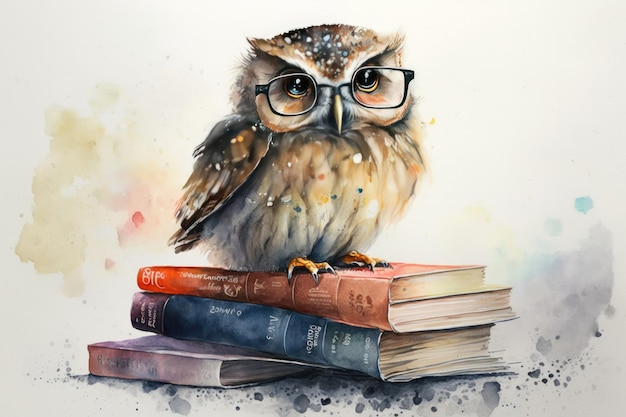 Watercolor painting of an owl wears glasses and sitting on a stack of books