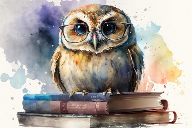 Watercolor painting of an owl wears glasses and sitting on a stack of books