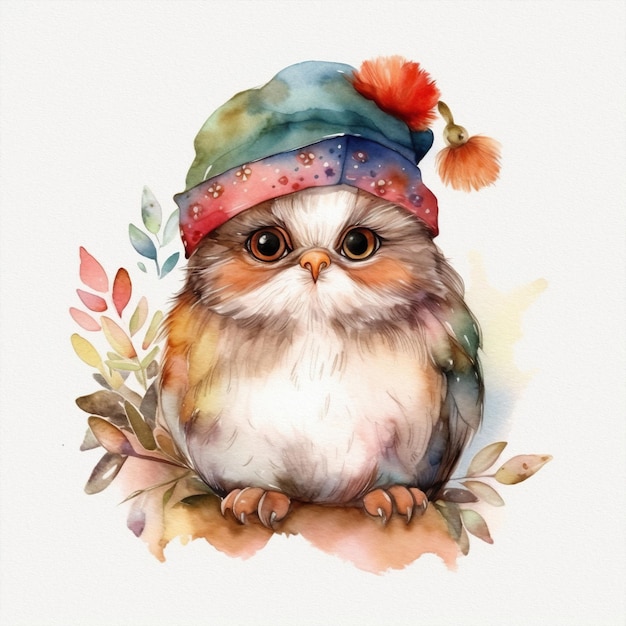 A watercolor painting of an owl with a green hat and a blue hat.