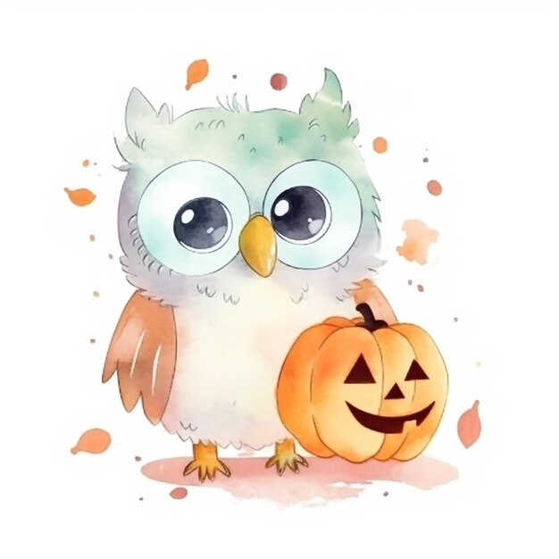 A watercolor painting of a owl with a pumpkin on the front.