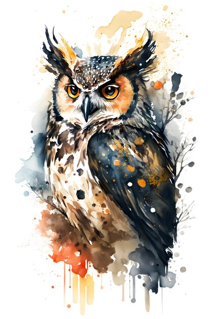 Watercolor painting of an owl with yellow eyes and a black and white face.