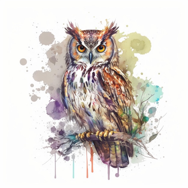 A watercolor painting of an owl with yellow eyes sits on a branch.